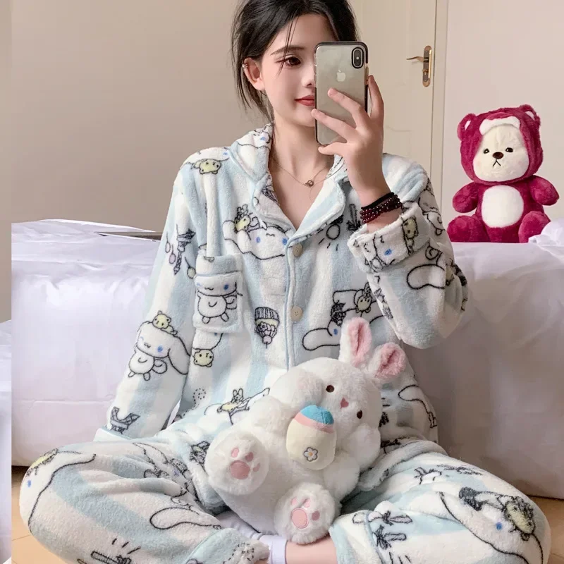 Yugui dog pajamas winter women's pajamas new lapel thickened coral fleece clothing warm two-piece set cartoon Sanrio loungewear