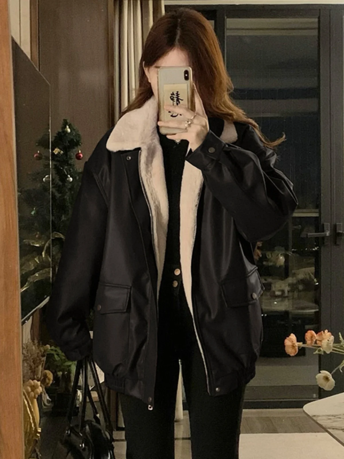 

Brown PU Leather Jaet Women's Winter Thiened Fce Lined Motorcycle Sle eepskin Cotton Jaet Zipper Closure Long Sl...