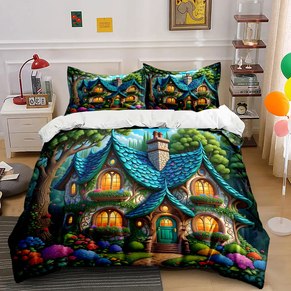 Fairy-tale colorful forest cottage Print Bedding Set 1 Duvet Cover 2 Pillowcases for Adult and Children Luxury Gift Full Size