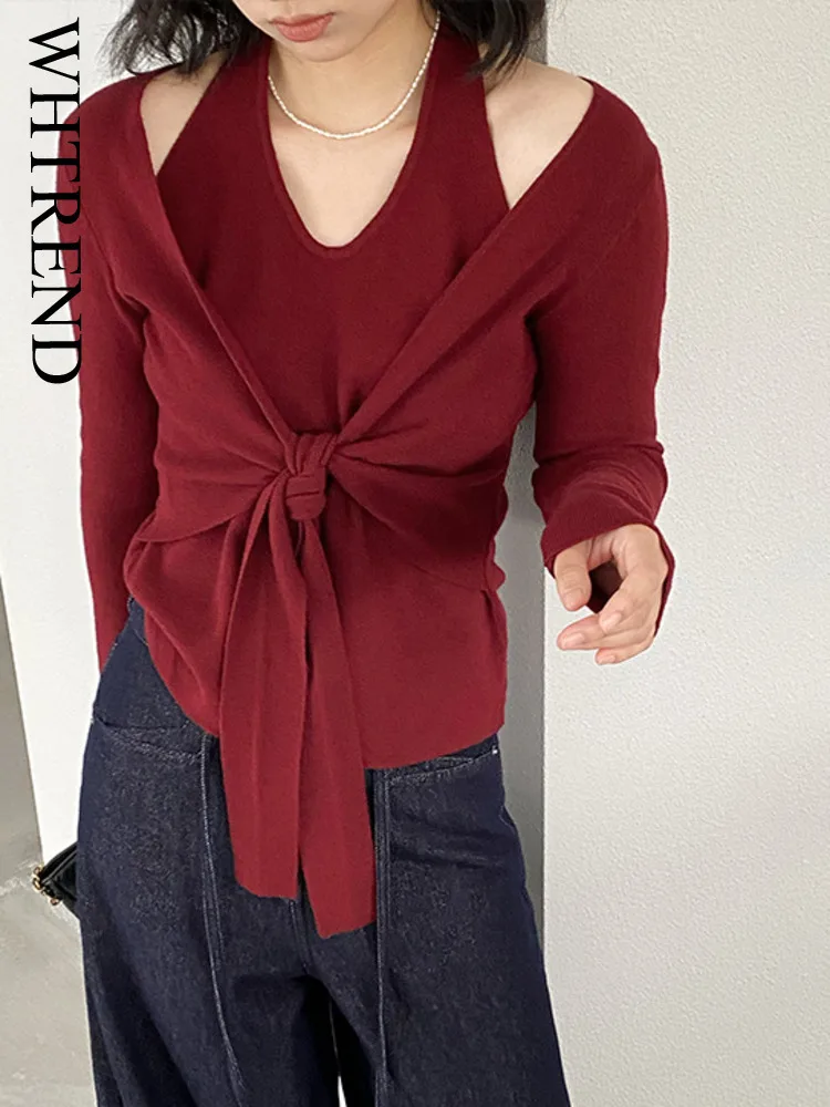 

WHTREND Autumn New Halter Neck Knitted Sweater For Women Tie Design Long Sleeves Slimming Fashion Pullover Christmas WH1378