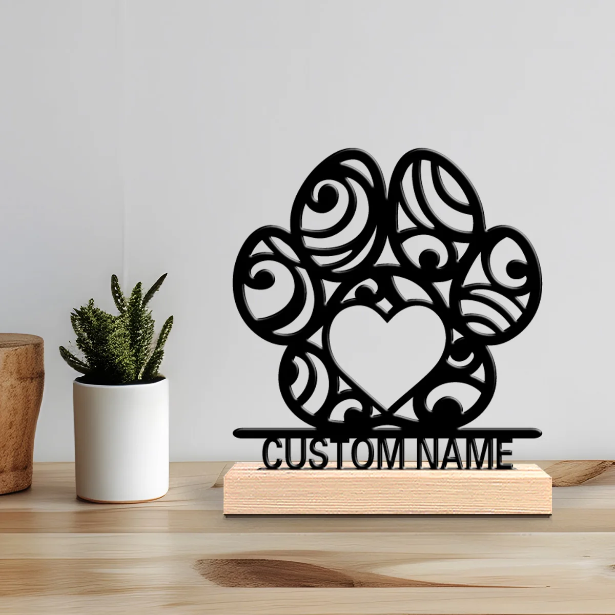 1pc Thriller Personalized Custom paw print Metal Statues Modern Wooden Base Decor for Office Living Room Nature-Inspired