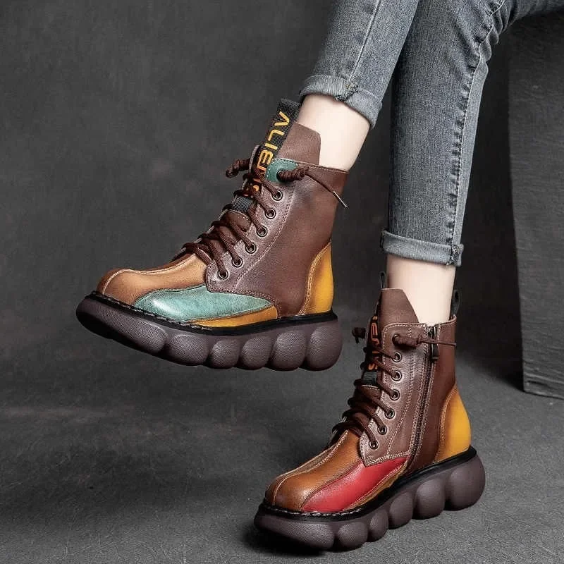 Women's Retro Ankle Boots Trend High Top Patchwork Chelsea Boot Mixed Color Thick Sole Leather Boots Luxury Side Zipper Boots