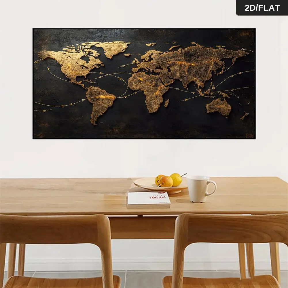A modern abstract gold world map mural with connecting arrows, featuring a black and gold metallic finish, suitable for living r