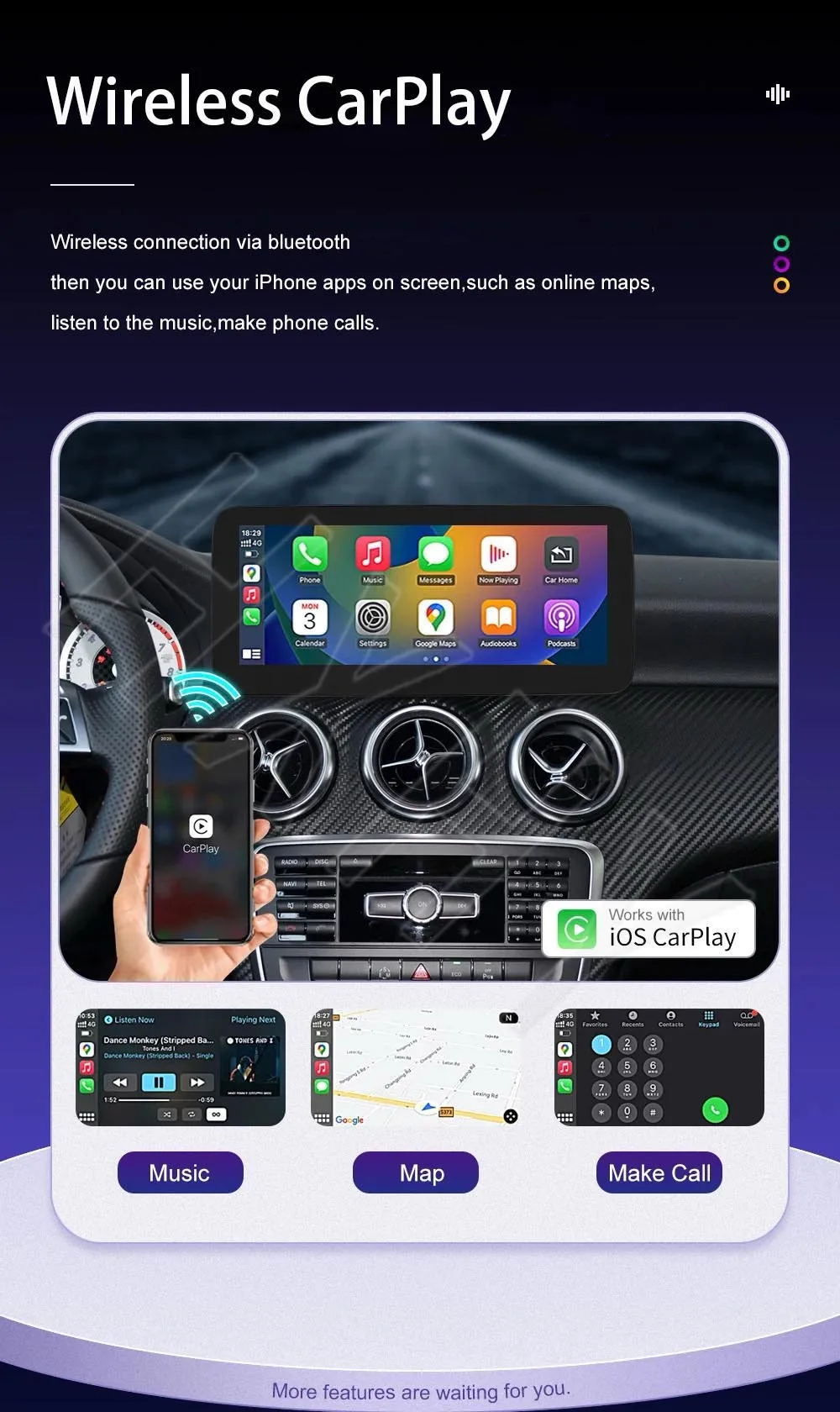 CarPlay Inalámbrico y Android Auto para Mercedes Benz Clase C W204 W205 GLC X253 Clase V W63, Radio con Pantalla Táctil Multimedia para Auto