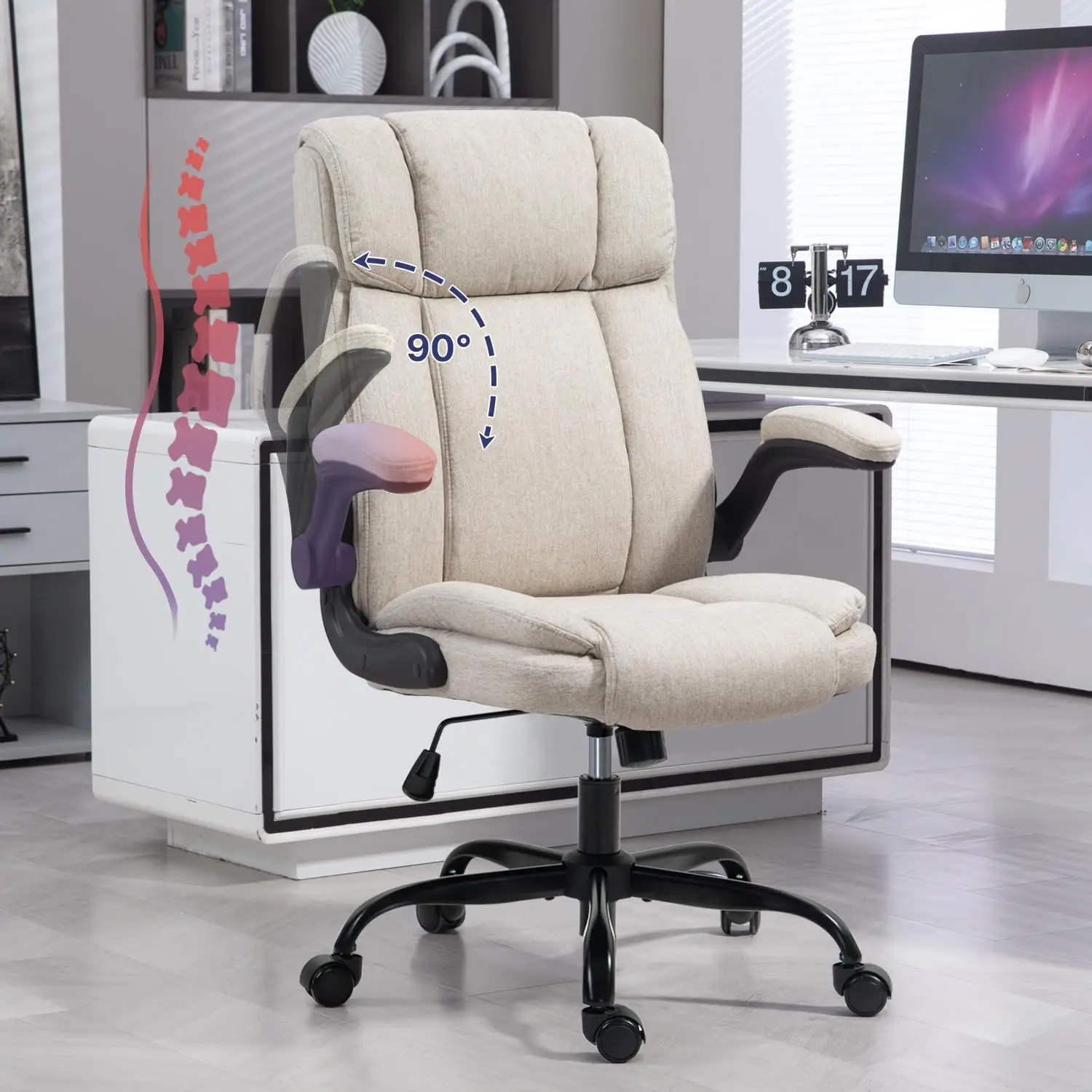 Ergonomic High Back Office Chair with Flip-Up Armrests Breathable Fabric Seat Lumbar Support Adjustable Height BIFMA Certified for Home and Work