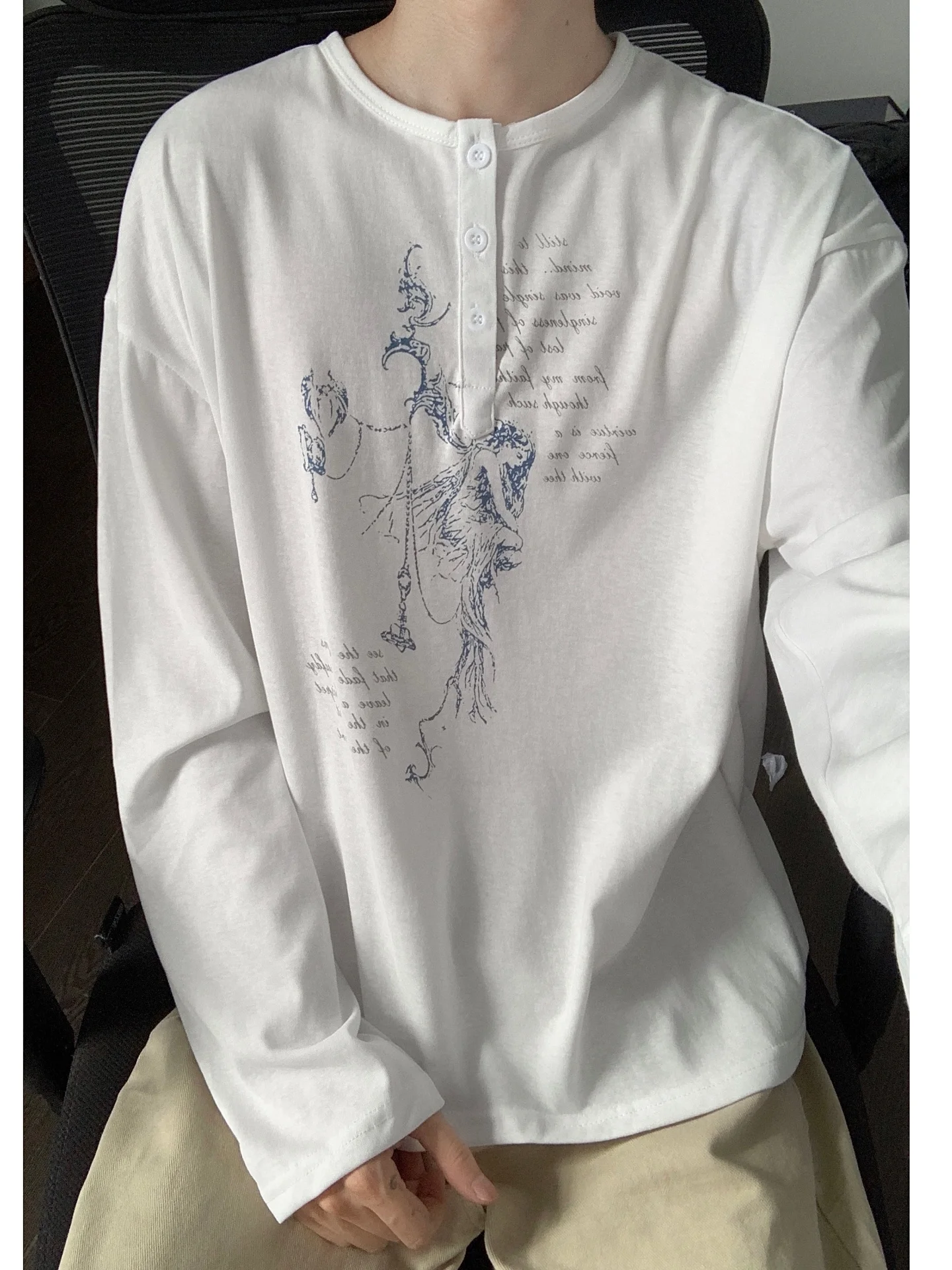 Y2K Angel Print Henry Collar Long Sleeve Lightweight American Style Men's T-shirt Loose Base Layer Cover up Spring Fashion