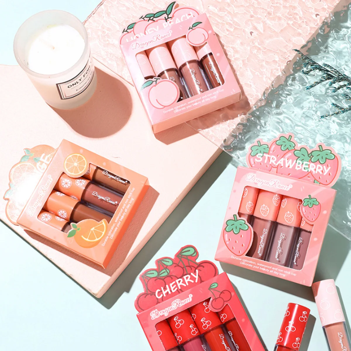 Velvet Matte Lip Gloss Set Non Fading And Non Stick Cup Fruit Makeup Lip Gloss Four Mini Set Box Colorful Exquisite Gifts