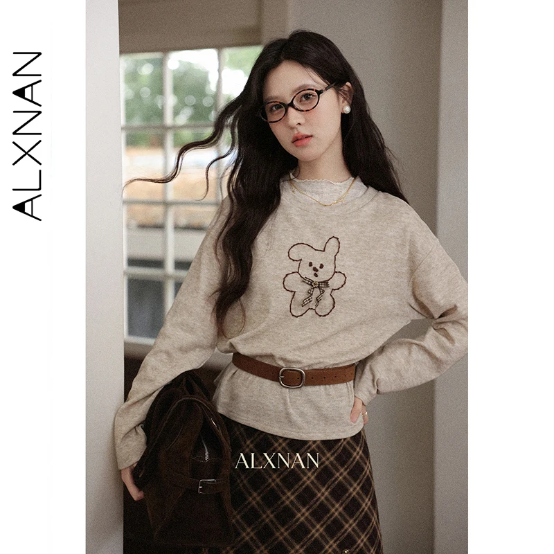 

ALXNAN Apricot Women's T-shirt Autumn New Round Neck Bear Pattern Long Sleeve Tees 2025 Loose-fit Casual Tops Female L57131