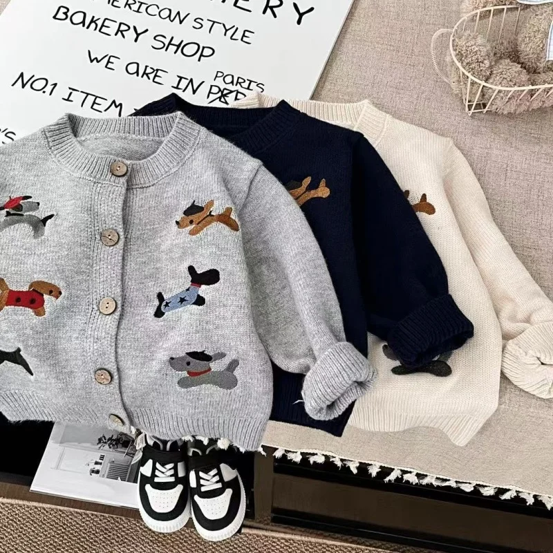 

90-150CM Western-Style Children's Cardigan Knit Sweater Spring Autumn New Cartoon Dog Design Boy Girl Jacket