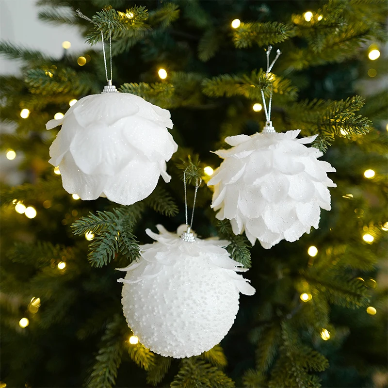 8/10cm Glitter White Petal Shape Christmas Balls For Xmas Tree Ornament Foam Snow Balls Hanging Pendant New Year Gift Home Decor