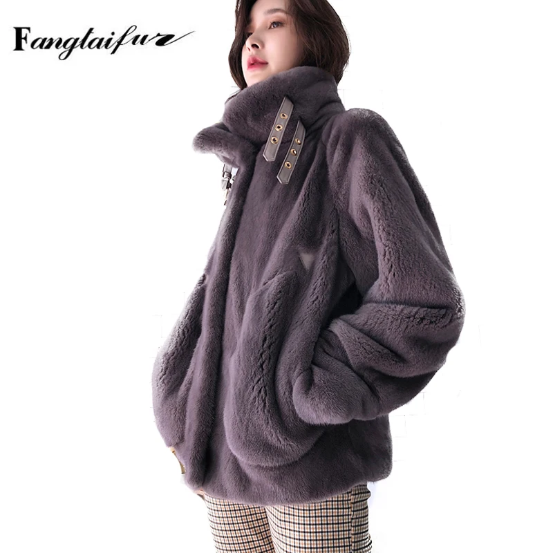Ftangaiur New Winter Import Velvet Mink Fur Coat Long Sleeve Women Mandarin Collar Pure Color Medium Natural Mink Fur Coats