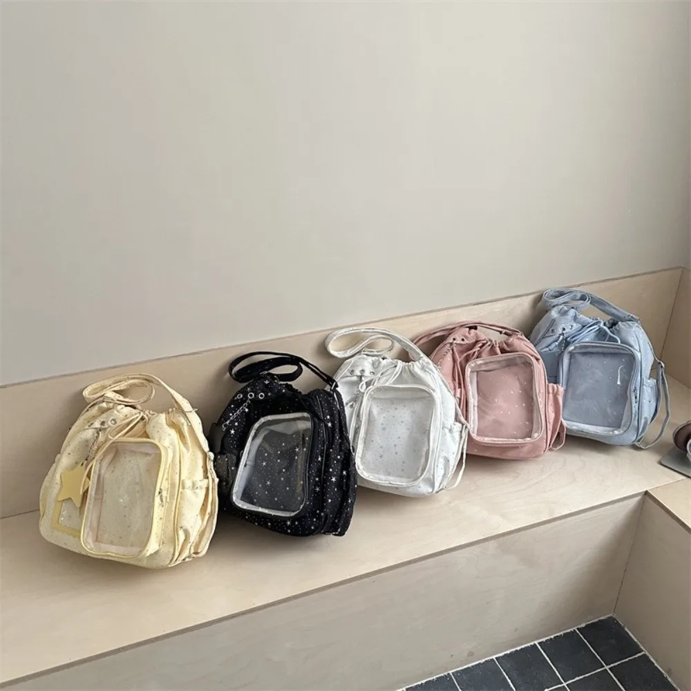 Kawaii Large-Capacity Student Backpack Clear Drawstring Pentagram Backpack Stars Print Double-Shoulder Bag Junior High School