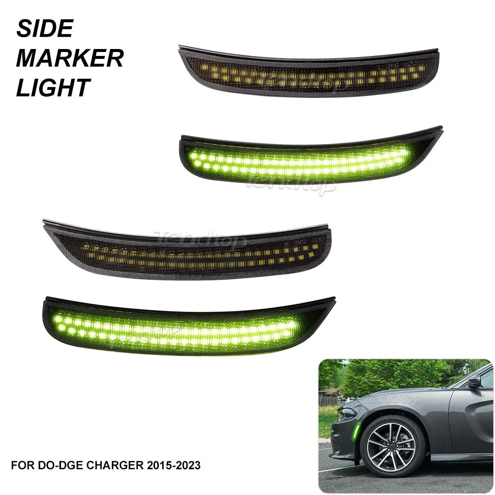 4pcs Smoked Lens Green LED Front Rear Fender Side Marker Lights For Dodge Charger 2015 2016 2017 2018 2019 2020 2021 2022 2023