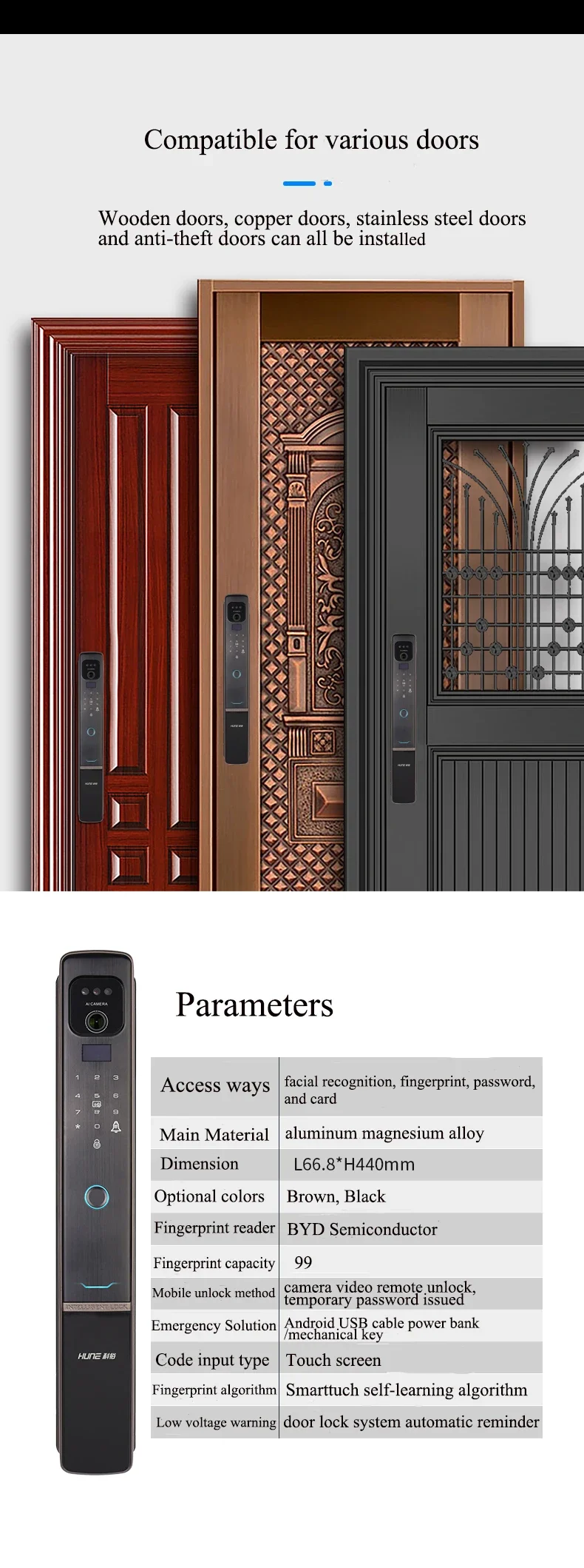 006HUNE AI Smart Camera Lock APP Fingerprint Code Biometric Digital Door Lock Home Office Keyless