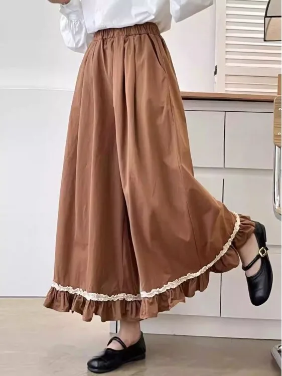 芸術的なプリーツワイドレッグパンツ レディース コットン 花柄プリント カジュアルパンツ ミッドハイウエスト エラスティック コットンリネン