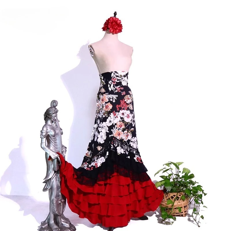 Abito da spettacolo per costumi di danza del ventre con gonna di danza dell'anca con borsa da rimbalzo alta personalizzata di flamenco stampato