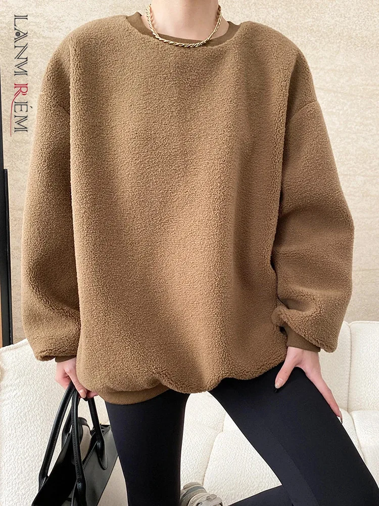 

[LANMREM] Faux Fur Pullover Sweatshirt Women's Round Neck Long Sleeve Thick Warm Tops Minimalism 2024 Winter New 26C1228