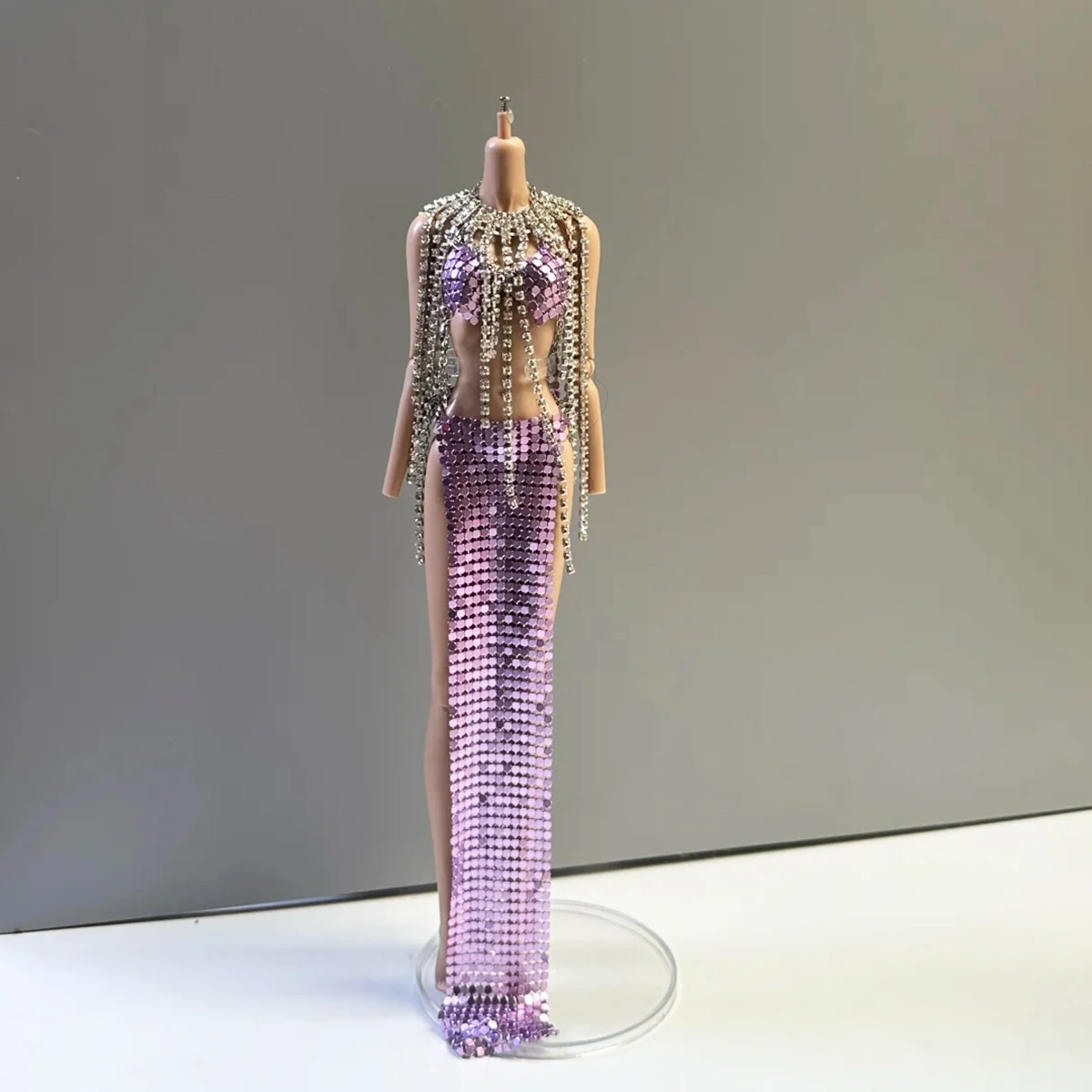 

Fashion Design Luxury Metal Sequin Vest+Split Midi Skirt+Blingbling Diamond Shawl Set For 1/6 Babi Supermodel Doll Clothes Parts