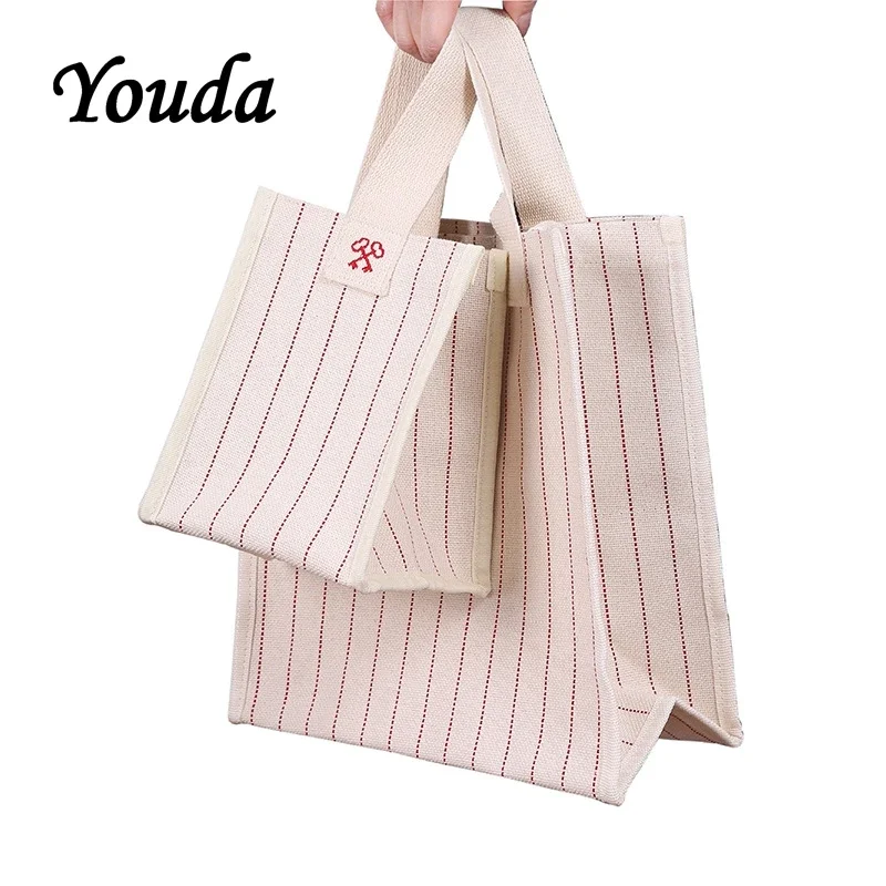 Youda Korea Waterproof Canvas Handbag Simple Embroidery Striped Shoulder Bag Two Sizes Optional Diagonal Shopping Bags