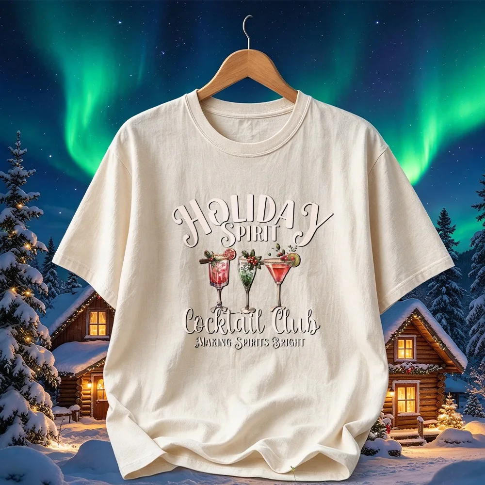 BUBU DUDU Holiday Spirit Cocktail Club Graphic T Shirt Christmas Cocktail Glass Holly Berry Print Xmas Party Casual Holiday Tees