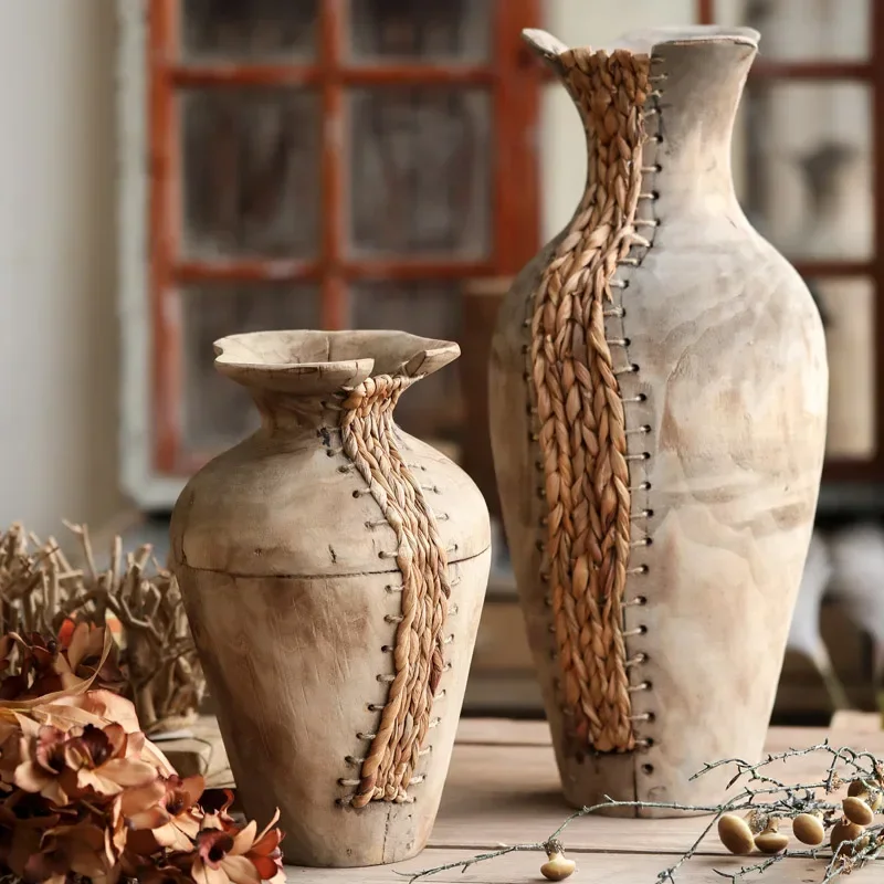 Wabi-sabi Wooden Vases for Dry Flower Handcraft Plant Pot Aesthetic Art Room Decor Vintage Weaving Accessorie for Living Room