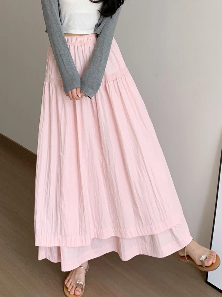 

Women Sweet Elegant Long Skirt Fashion Loose Preppy Style Pink Skirts Summer High Waist Casual Female Chic A Line Dance Skirt