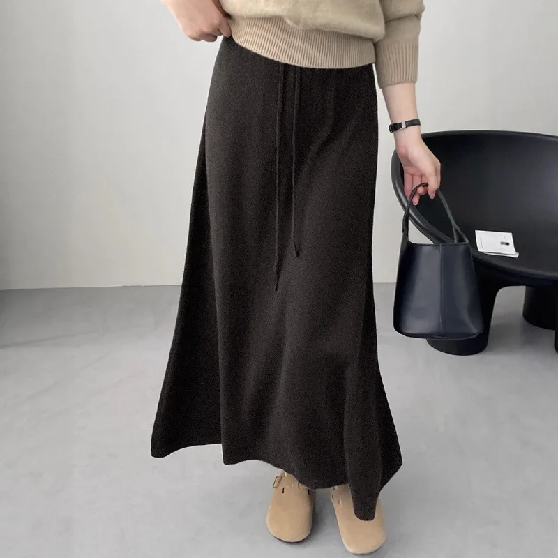 Women's 2026 Autumn New Solid Color Drawstring Knit Midi Skirt High Waist A-Line Straight Long Skirt Chic Trendy Warm