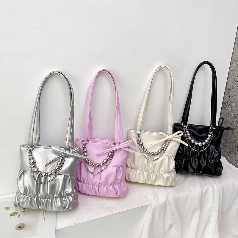 Silver Soft Leather Shoulder Bags for Women 2024 Luxury Designer Pleated Handbags And Purse Fashion Top Handle Tote Bags