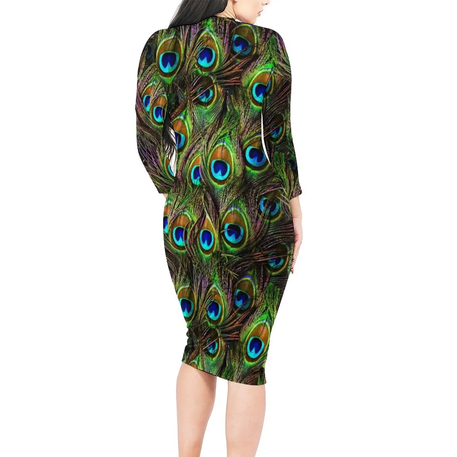 Pfauenfedern Bodycon Kleid Damen bunten Druck süße Kleider Frühling Langarm Street Style Design Kleid groß