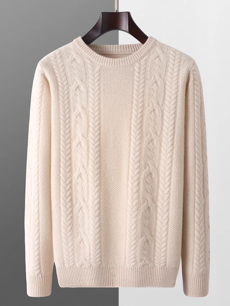 O-Neck Cable Stitch Pullover Autumn Winter Men's 100% Merino Wool Knitted Sweater Smart Casual Tops Soft Warm Fashion Clothing