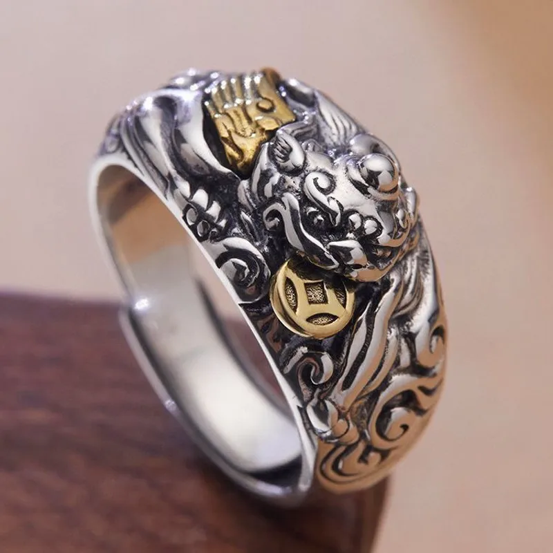 BOCAI  NEW  S925 Silver Personalized Retro Niche Design Pixiu Ring Adjustable Men's Style