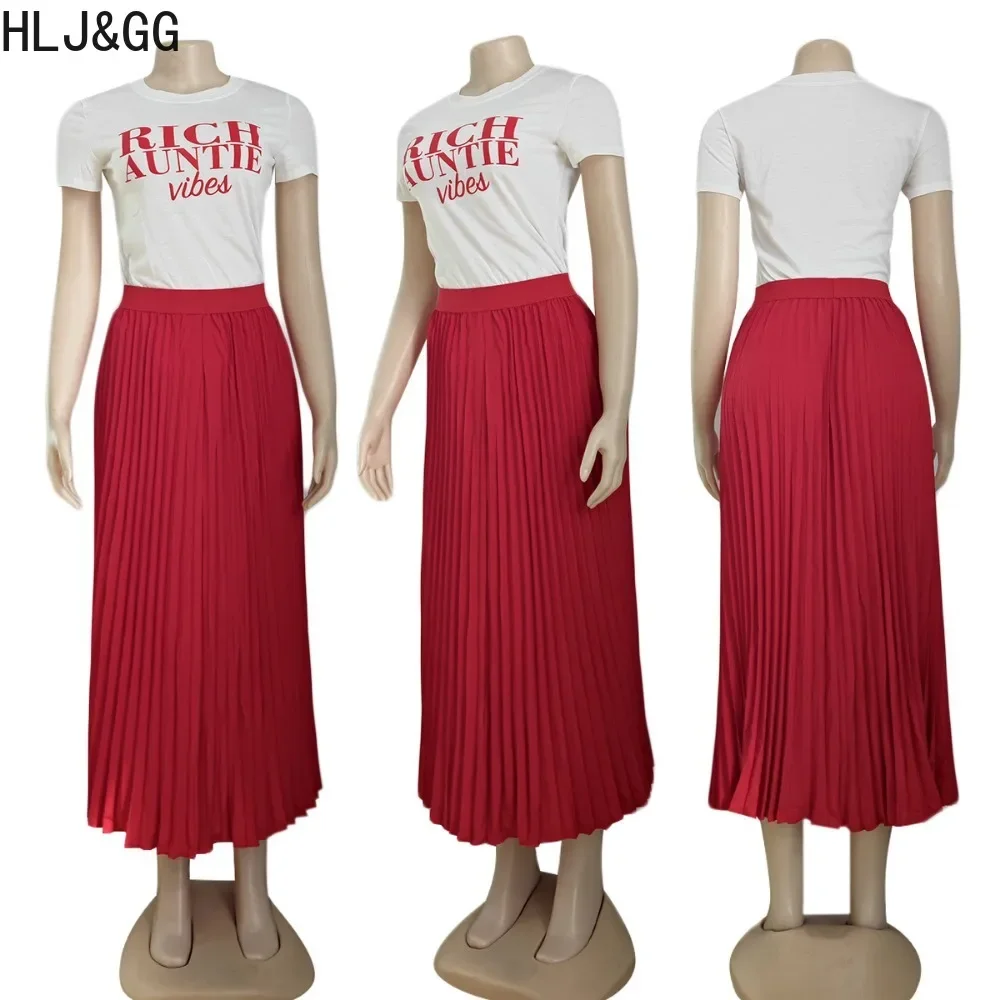 HLJ&GG Casual Letter Print Pleated Skirts Two Piece Sets Women O Neck Short Sleeve Tshirt And Skirts Outfit Female 2pcs Clothing