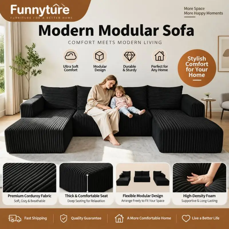 Folding Sectional Sofa with Chaise, U-Shaped Convertible Sofa, Removable Washable Cover, Space Saving Vacuum Compressed Fabri