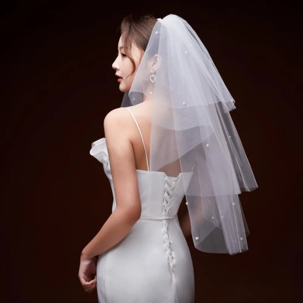 

Bridal Pearl Veils with Long Three Layer Marriage Shoulder Bridal White Veil for Wedding Simple Cut Edge Marriage Accessories