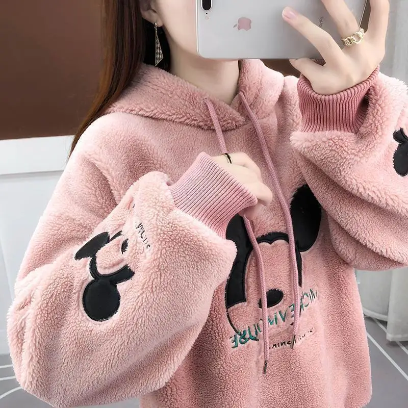 Winter Mickey Cartoon Print Sweatshirt Thick Plush Lining Hoodie Loose Korean Fashion Hoodies  Oversized Kawaii Hoodies clothing