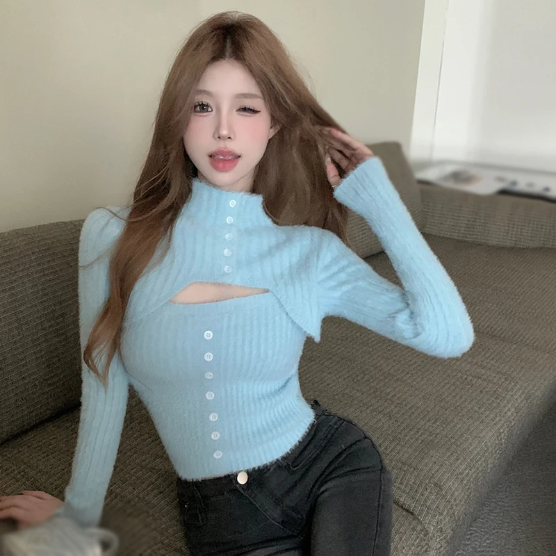 Sexy Half High Collar Knitted Long Sleeves Top Mohair Hollow out Solid Colour Slim  Korean Version Women\'s Knitted Top