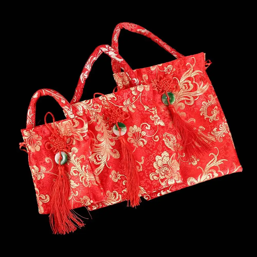 Bolso de muñeca de lona con cordón de flores, bolso de mano de estilo chino de gran capacidad, bolso de borla de nudo chino, bolsa de almacenamiento, bolsa de dulces de boda