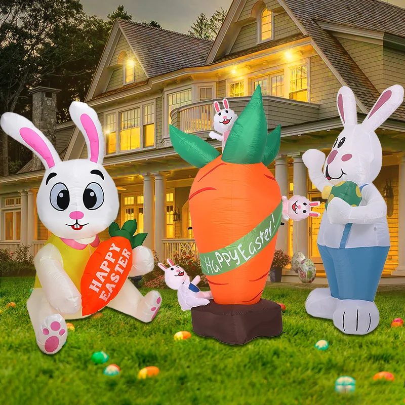 OurWarm 2024 Easter Decoration Rabbits Egg Bunny Outdoor Inflatables Decoration With Lights For Garden Lawn Home Holiday Party