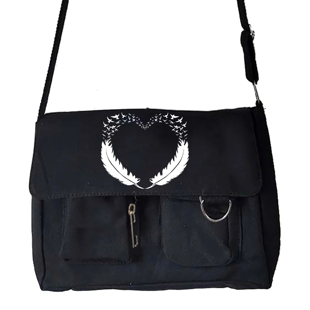 Fashion Women Canvas Shoulder Bags Youth Casual Large Capacity Crossbody Bag Feather Print Handbags Messenger Bag for Women