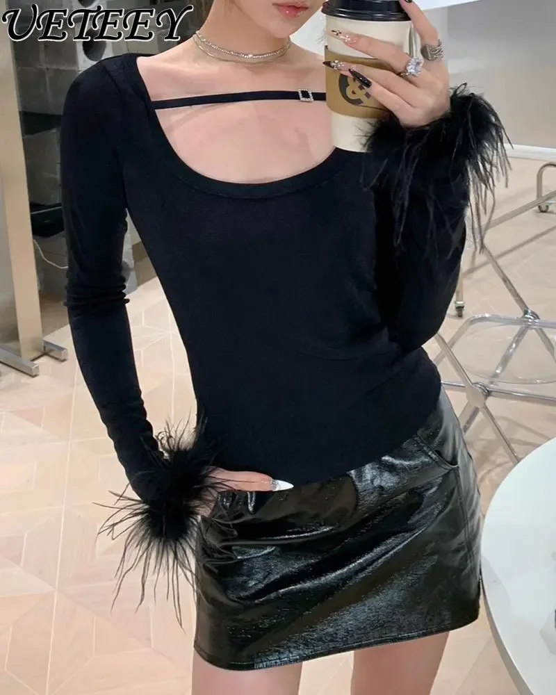 2023 Autumn New Women Trend All-Match Feather Design Black T-shirt Women Elastic Slim Fit Long Sleeve Top Lady Bottoming Sweater