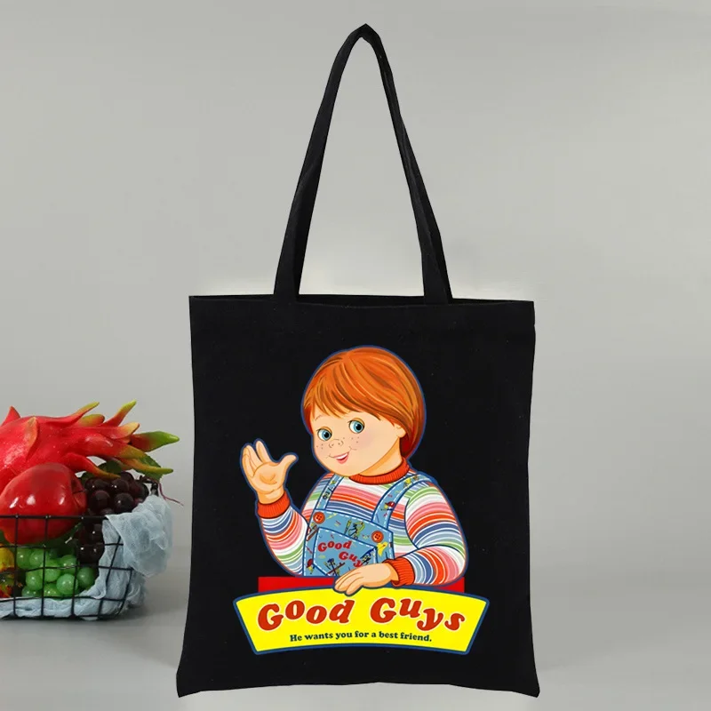 Chucky Halloween Horror Movie Women\'s Shopper Bag Canvas Tote Shoulder Bags Shopping Bag Black Cloth Handbags Eco Friendly