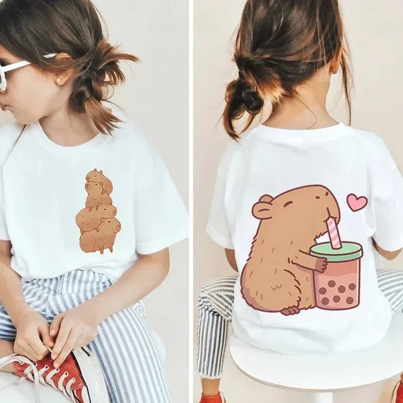 

Kids' cotton T-shirt with Kawaii Capybara print, white short-sleeve T-shirt with cartoon,girl's clothing with double-sided print