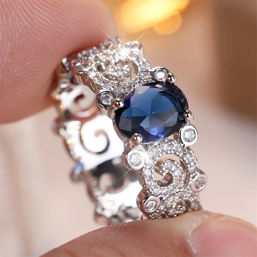 Blue Crystal Oval Stone White Zircon Rings For Women Vintage Silver Color Engagement Bands Wedding Jewelry Bridal Gift