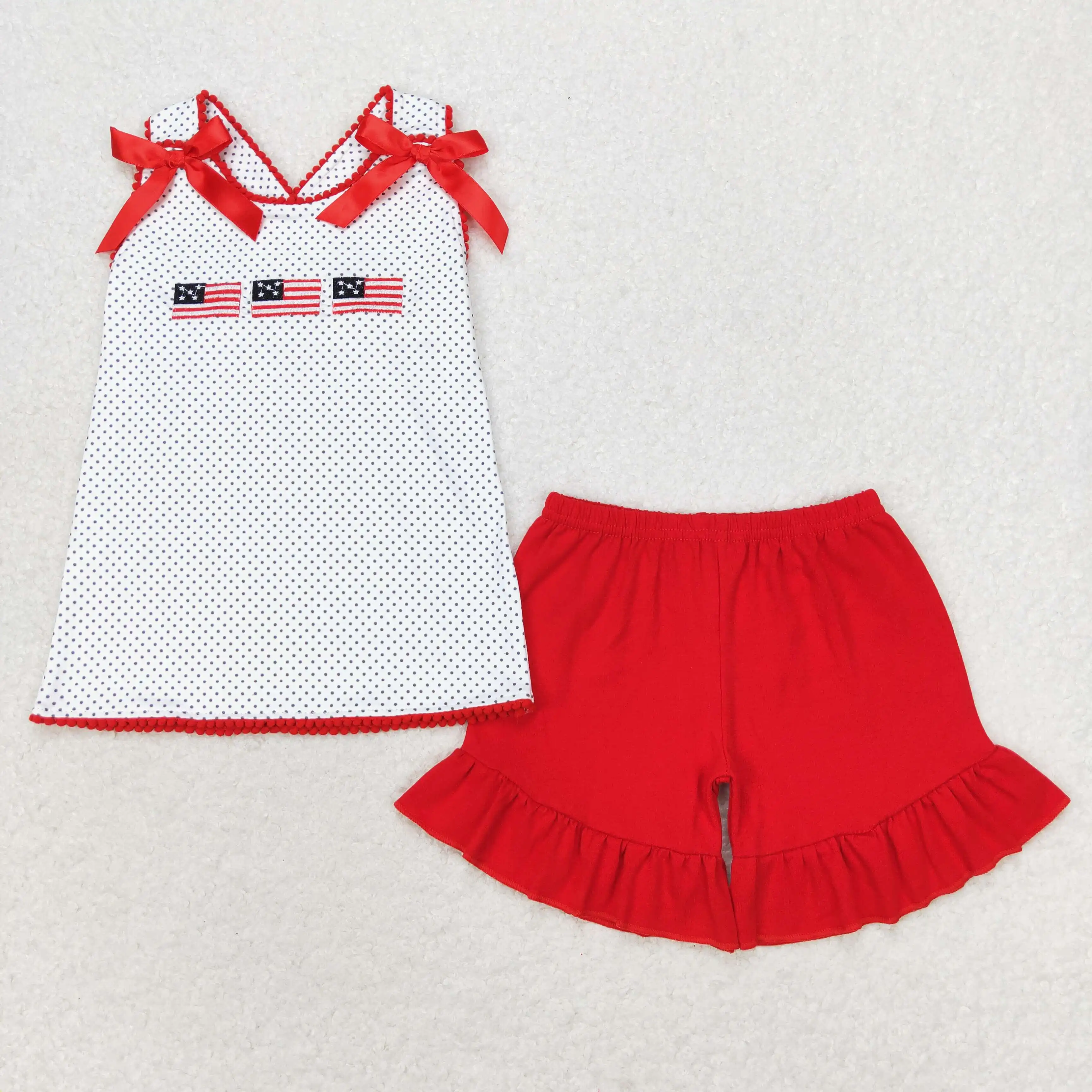 

Toddler girls July 4th USA flag dog Outfits Clothes Baby Short Sleeves red Shorts Kids Clothing Wholesale boutique summer set