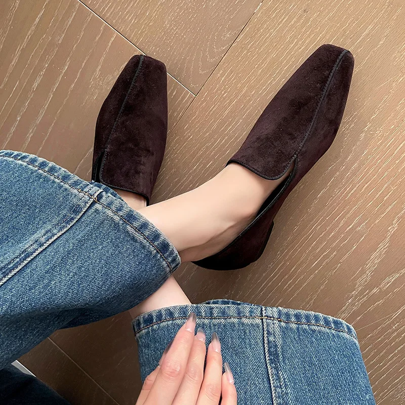 Arden Furtado 2025 Spring Sheep suede Flats Loafers Square toe pull-on Low heel large size Retro style Single shoe Lazy shoe