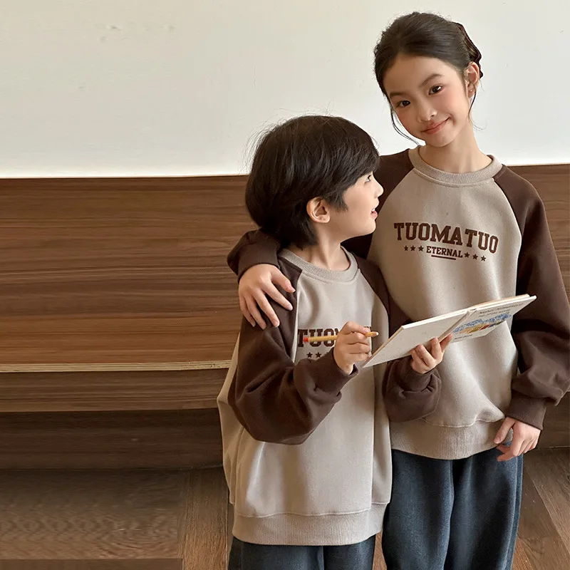 

Осенний детский свитшот с круглым вырезом, корейский стиль, смесь хлопка, унисекс, одинаковый наряд для маленьких мальчиков и девочек, повседневные спортивные топы