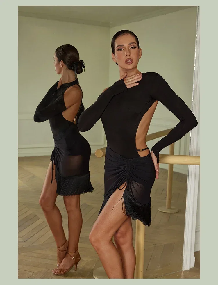 بدلة قفز سوداء بدون ظهر للرقص اللاتيني بدلة رقص يوتار ملابس تدريب لاتينية ملابس سامبا رومبا تشاتشا للسيدات