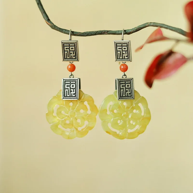 Light luxury red jade earrings Chinese ancient style hollow design Exquisite jewelry Girlfriend's birthday party gift