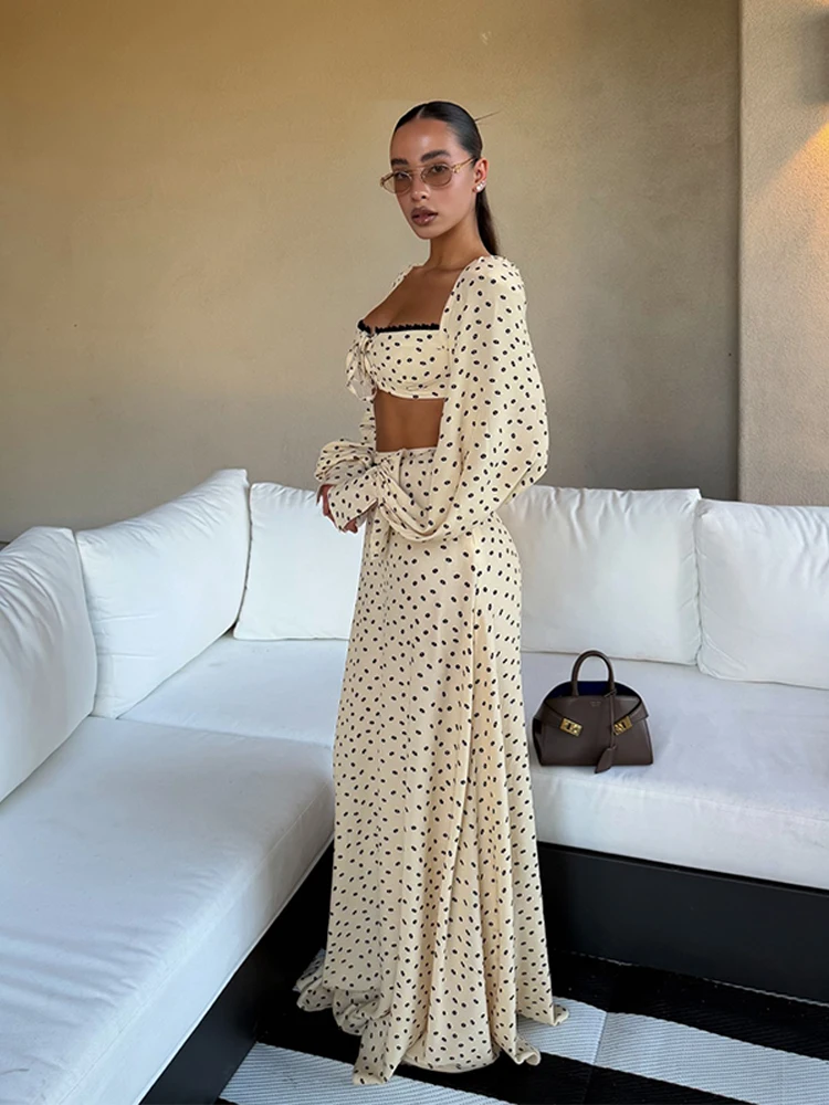 Langärmlige, kurz geschnittene Oberteile mit Polka Dots, lange Röcke, Anzüge für Damen, sexy, geteilte Spitzenoberteile, A-Linien-Röcke, Sets, schicke Damen-Partykleidung, neu – Detail 19
