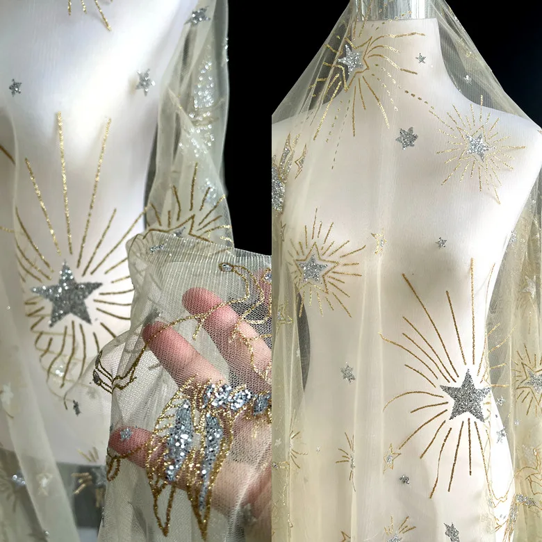 

Star Moon Hot Stamping Tianma Sparkling Glitter Mesh Sewing Evening Dress Stage Costume Designer Fabric